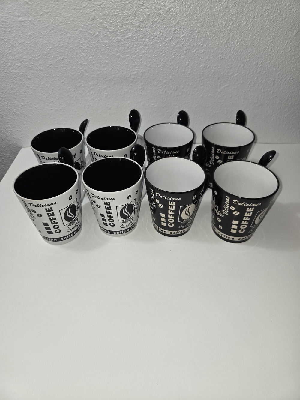Black and White Coffee Mugs Set with Spoons - 8-Pack